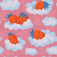 söt jordgubb sovande på de moln. sömlös mönster. jordgubbar med vispad grädde. vektor