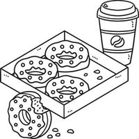 Box mit Donuts und Kaffee isolierte Malseite vektor