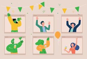 Online-Party-Videoanruf mit glücklichen Menschen, die Geburtstag feiern vektor