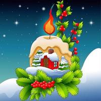 Winterlandschaft mit schneebedecktem Haus und Weihnachtsschmuck mit Kerzen vektor