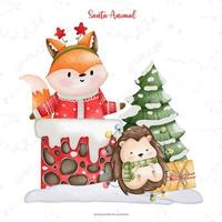 söt räv i santa kostym, vattenfärg jul säsong illustration, jul djur- illustration vektor
