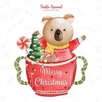 süßer santa panda in der tasse, aquarellweihnachtszeitillustration, weihnachtstierillustration vektor