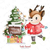 söt rådjur i santa kostym, vattenfärg jul säsong illustration, jul djur- illustration vektor