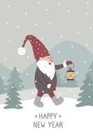 Lycklig ny år hälsning kort. jul söt svenska gnome i röd santa hatt gående i snö skog med lampa vektor