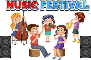 musikfestivaltext mit kindern, die musikinstrument spielen vektor