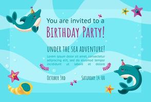 födelsedag inbjudan kort med delfiner, sjöstjärna och snäckskal. färdiggjorda inbjudan design för födelsedag partier. vektor illustration i bakgrund med vågor.