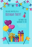 födelsedag inbjudan kort. färdiggjorda inbjudan design med presenterar, ballonger och flaggor. vektor illustration.