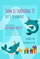 födelsedag inbjudan kort med delfiner. färdiggjorda inbjudan design med presenterar och födelsedag hattar. vektor illustration i bakgrund med vågor.
