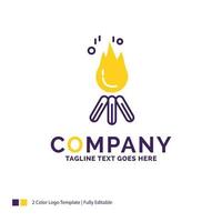 Firmenlogo-Design für Feuer. Flamme. Lagerfeuer. Camping. Lager. lila und gelbes markendesign mit platz für tagline. kreative Logo-Vorlage für kleine und große Unternehmen. vektor