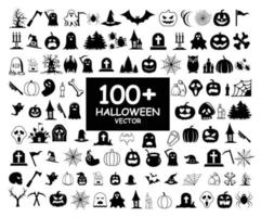 stor uppsättning av halloween silhuetter ett hundra svart vektor och ikon design, kuslig och läskigt element för halloween dekorationer, klämma konst, vektor ikoner, och klistermärken. premie unik Lycklig halloween.