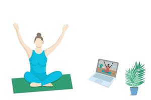 Online-Yoga-Kurse. Ein Mädchen sieht sich eine Online-Yogastunde auf einem Laptop an und trainiert zu Hause. gesichtsloses illustrationskonzept. Isolierung auf weißem Hintergrund vektor