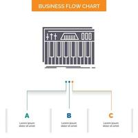 Regler. Klaviatur. Schlüssel. Midi. solides Business-Flow-Chart-Design mit 3 Schritten. Glyphensymbol für Präsentationshintergrundvorlage Platz für Text. vektor