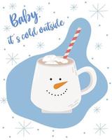 Winter-Schneemann-Tasse heiße Schokolade oder heißer Kakao mit Marshmallows und Schneeflocken-Ornament. wintersaison illustration.baby, draußen ist es kalt vektor
