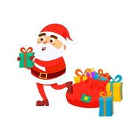 der weihnachtsmann verteilt geschenke auf isoliertem hintergrund. frohes weihnachtskonzept mit geschenkbox. vektorillustration im flachen karikaturstil vektor