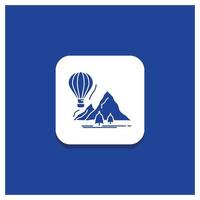 blauer runder Knopf zum Erkunden. reisen. Berge. Camping. Ballons-Glyphe-Symbol vektor