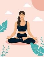 süße schlanke Frau sitzt in Yoga-Lotus-Pose und trainiert in einer wunderschönen Umgebung vektor