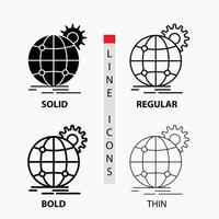 International. Geschäft. Globus. weltweit. Zahnradsymbol in dünn. regulär. fette Linie und Glyphenstil. Vektor-Illustration vektor