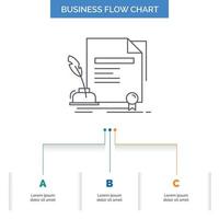 Vertrag. Papier. dokumentieren. Zustimmung. Award-Business-Flow-Chart-Design mit 3 Schritten. Liniensymbol für Präsentation Hintergrundvorlage Platz für Text vektor