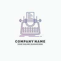 artikel. blogg. berättelse. skrivmaskin. författare lila företag logotyp mall. plats för Tagline vektor
