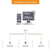 Computer. Schreibtisch. Spielen. Stk. Persönliches Business-Flussdiagramm-Design mit 3 Schritten. Glyphensymbol für Präsentationshintergrundvorlage Platz für Text. vektor