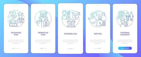 Kontotypen für College-Sparer mit blauem Farbverlauf beim Onboarding auf dem Bildschirm der mobilen App. Komplettlösung 5 Schritte grafische Anweisungen mit linearen Konzepten. ui, ux, gui-Vorlage. vektor