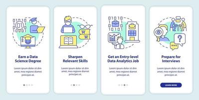 passande data forskare onboarding mobil app skärm. genomgång 4 steg redigerbar grafisk instruktioner med linjär begrepp. ui, ux, gui mall. vektor