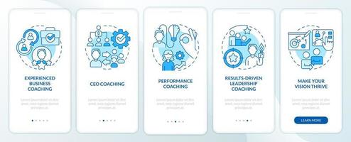 företags- coaching service blå onboarding mobil app skärm. genomgång 5 steg redigerbar grafisk instruktioner med linjär begrepp. ui, ux, gui mall. vektor