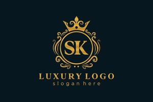 Royal Luxury Logo-Vorlage mit anfänglichem sk-Buchstaben in Vektorgrafiken für Restaurant, Lizenzgebühren, Boutique, Café, Hotel, Heraldik, Schmuck, Mode und andere Vektorillustrationen. vektor