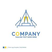 Zelt. Camping. Lager. Campingplatz. blau-gelbe Business-Logo-Vorlage im Freien. Platz für kreative Designvorlagen für den Slogan. vektor