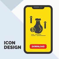 Geld. Tasche. Dollar. Wachstum. Stock-Glyphen-Symbol in Mobile für Download-Seite. gelber Hintergrund vektor