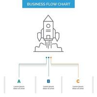 Rakete. Raumschiff. Anlaufen. Start. Spiel Business Flow Chart-Design mit 3 Schritten. Liniensymbol für Präsentation Hintergrundvorlage Platz für Text vektor