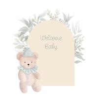 aquarellbogen-babyduschenkarte mit grünen blättern und plüschtierbär. handgezeichnete Cliparts. perfekt für Karte, Postkarte, Tag, Einladung, Druck, Verpackung. vektor