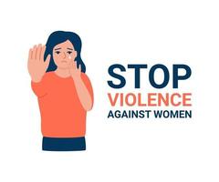 ledsen kvinna med text sluta våld mot kvinnor, fri rättigheter, hand gest tecken sluta. eliminering av våld mot kvinnor. offer flicka, mobbning. vektor illustration
