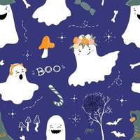 Halloween-Muster. süße Geister, Fledermäuse und Hexenhut, Knochen. Baby-Druck vektor