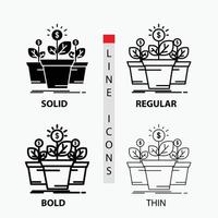 Wachstum. Geld. Pflanze. Topf. Baumsymbol in dünn. regulär. fette Linie und Glyphenstil. Vektor-Illustration vektor
