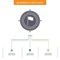 Ziel. Geschäft. Termin. Flagge. Focus Business Flow Chart-Design mit 3 Schritten. Glyphensymbol für Präsentationshintergrundvorlage Platz für Text. vektor