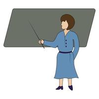 de lärare lär en lektion på skola. en kvinna i en blå klänning poäng till en svarta tavlan med en pekare. Färg vektor illustration. skola tema. tecknad serie stil. isolerat bakgrund.