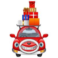 rotes auto der karikatur, das weihnachtsgeschenkboxen auf seinem gestell trägt vektor