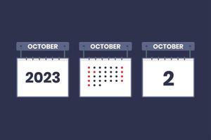 2023 kalender design oktober 2 ikon. 2:a oktober kalender schema, utnämning, Viktig datum begrepp. vektor