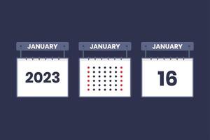 2023 kalender design januari 16 ikon. 16: e januari kalender schema, utnämning, Viktig datum begrepp. vektor