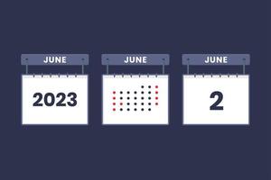2023 Kalender Design 2. Juni Symbol. 2. juni kalenderplan, termin, wichtiges datumskonzept. vektor