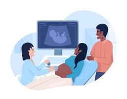 gravid kvinna genomgå ultraljud skanna med partner 2d vektor isolerat illustration. platt tecken på tecknad serie bakgrund. medicinsk färgrik redigerbar scen för mobil, hemsida, presentation