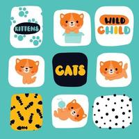 en uppsättning av klistermärken med söt katter. orange kattungar på en blå bakgrund vektor