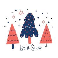dra hälsning kort för jul och vinter- med jul träd vektor illustration för jul och ny år. klotter tecknad serie stil.