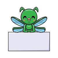 niedlicher kleiner grüner Libellen-Cartoon mit leerem Zeichen vektor