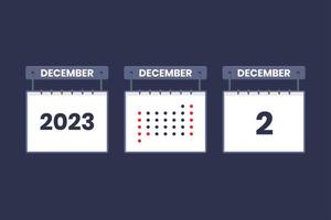2023 Kalender Design 2. Dezember Symbol. 2. dezember kalenderplan, termin, wichtiges datumskonzept. vektor