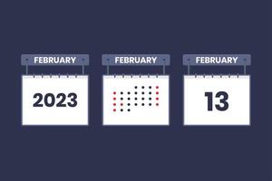 2023 kalender design februari 13 ikon. 13: e februari kalender schema, utnämning, Viktig datum begrepp. vektor