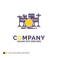 företag namn logotyp design för trumma. trummor. instrument. utrustning. musikalisk. lila och gul varumärke namn design med plats för Tagline. kreativ logotyp mall för små och stor företag. vektor
