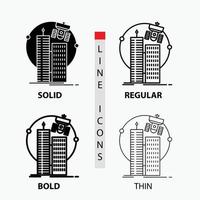 Gebäude. intelligente Stadt. Technologie. Satellit. Unternehmenssymbol in dünn. regulär. fette Linie und Glyphenstil. Vektor-Illustration vektor