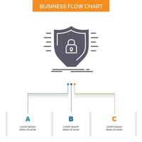 Verteidigung. Firewall. Schutz. Sicherheit. Shield Business Flow Chart-Design mit 3 Schritten. Glyphensymbol für Präsentationshintergrundvorlage Platz für Text. vektor